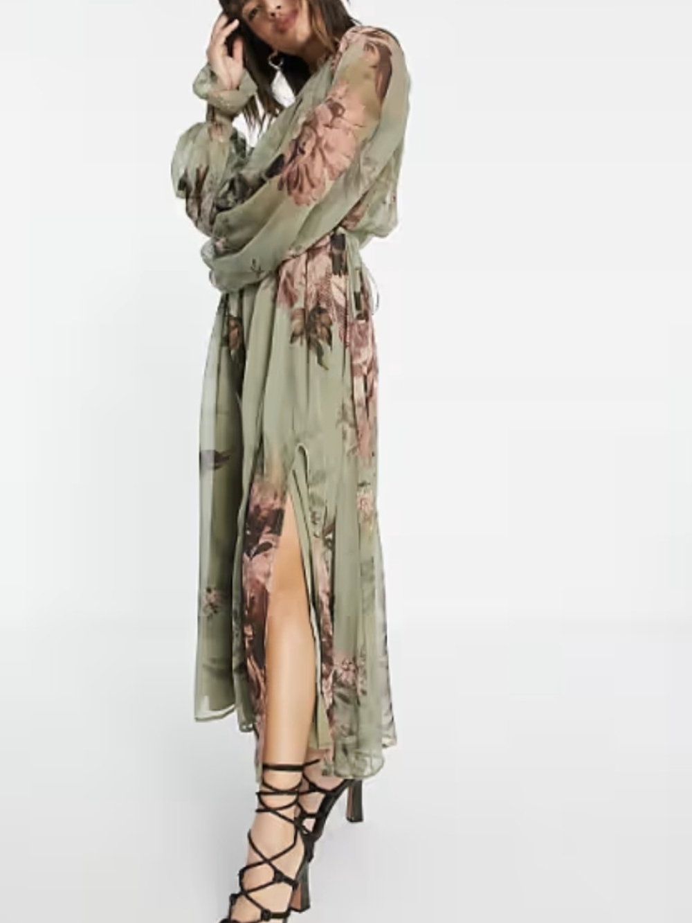 ASOS Olive Green Floral Tie-Waist Maxi Dress